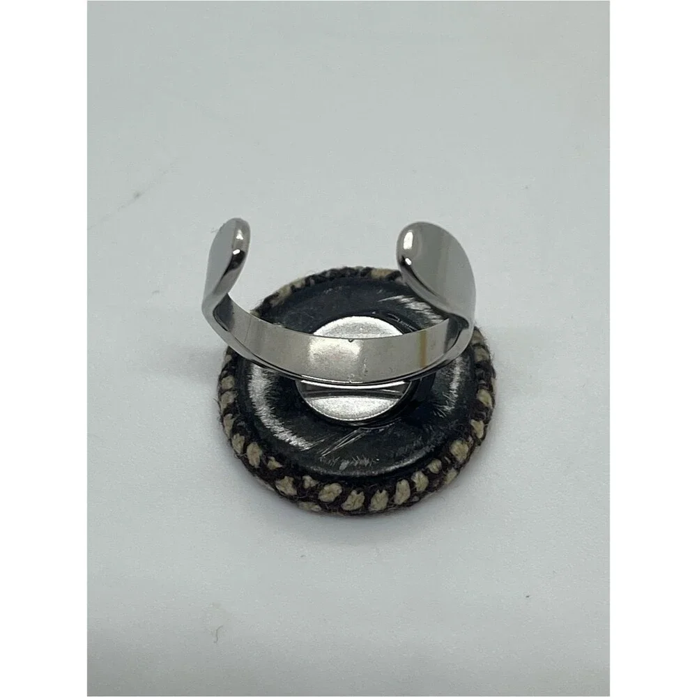 Hand Crafted Brown Cream Plaid Fabric Button Adjustable Ring NWT OS